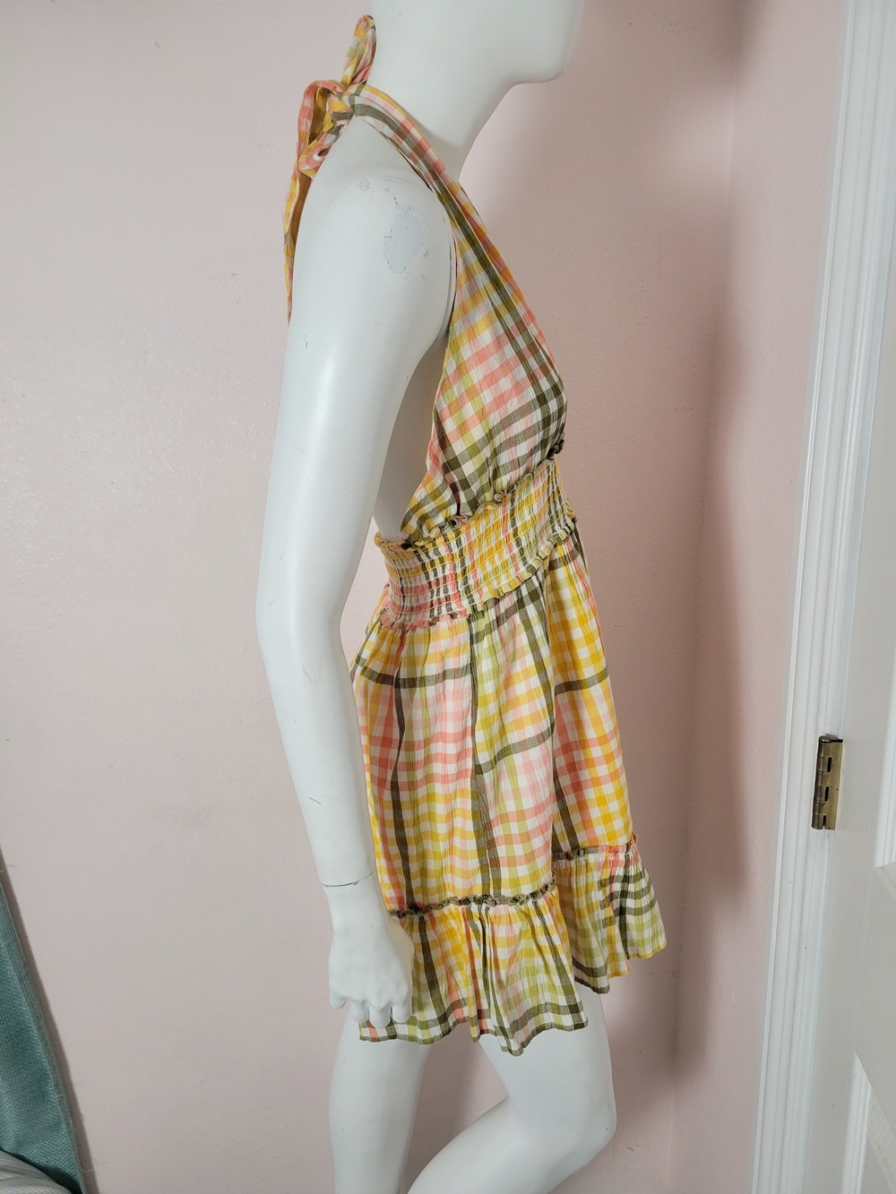 Aerie Plaid Halter Mini Dress Size M – Yellow Pink Green Checkered Ruffle Hem - Picture 5 of 8